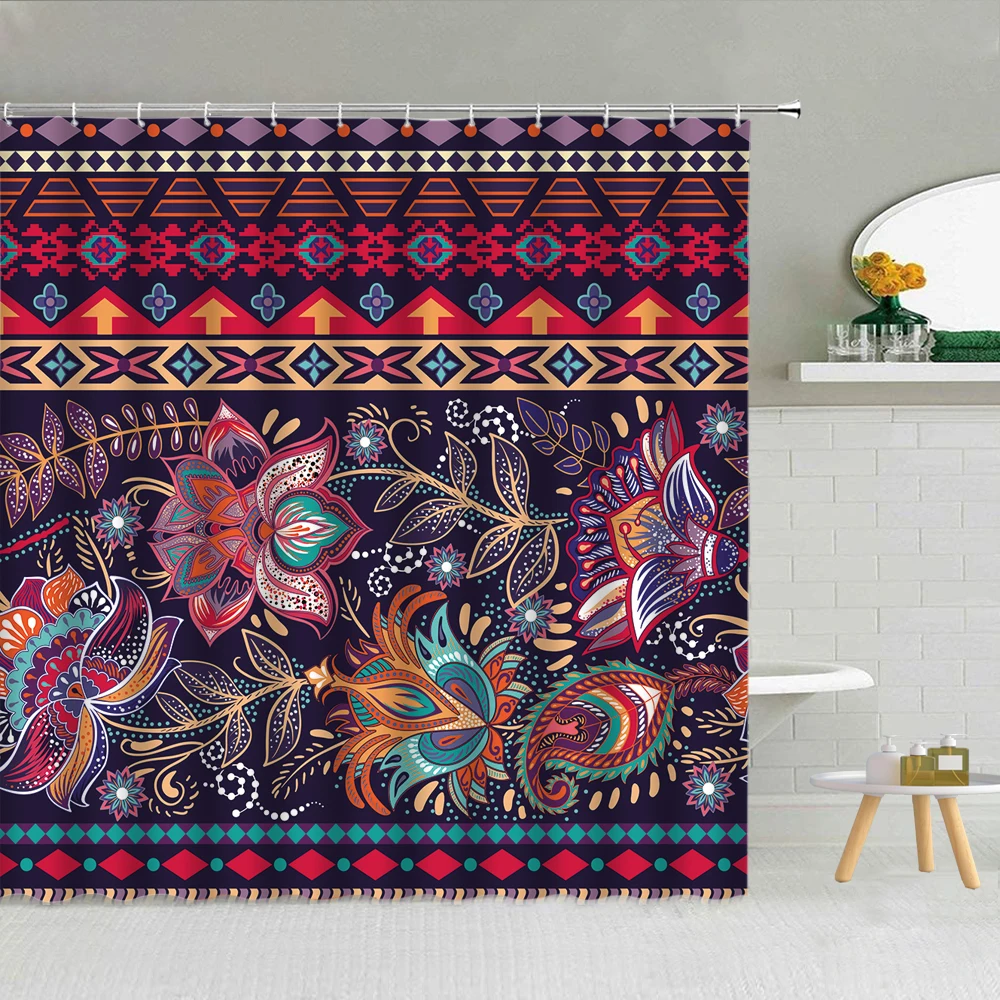 

Retro Ethnic Bohemian Flower Shower Curtain Geometric Striped Pattern Bathroom Supplies Fabric Hanging Curtains Decor Washable