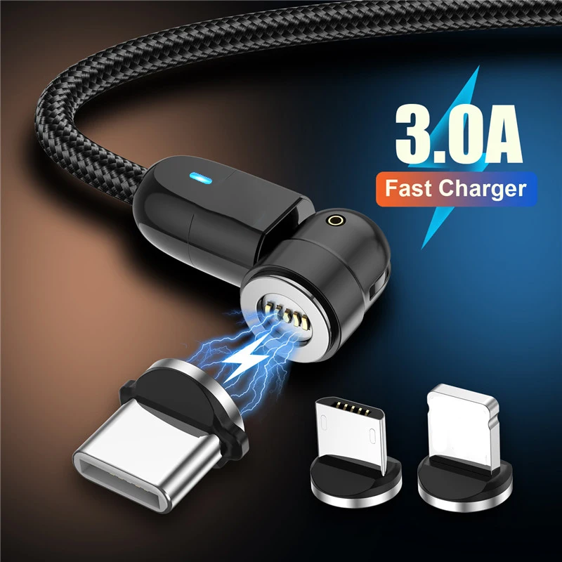 

540 Degree Rotate Magnetic 3A Fast Charging USB Type C Micro USB Phone Cable For Samsung S21 S20 Huawei Xiaomi iPhone Cable