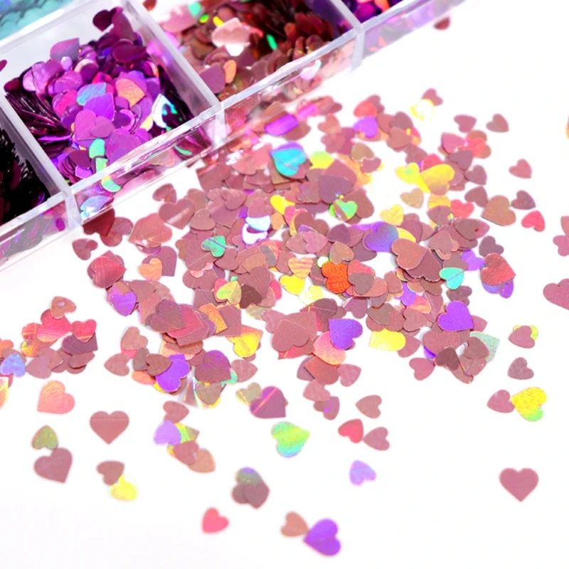 

12 Grids/Box Holographic Glitter Love Heart Shape Epoxy Resin Filling Sequins Paillette Slime Pigment Jewelry Making Nail Art