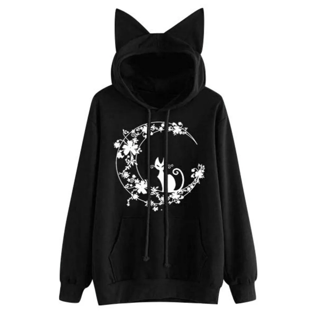 Womens Cat Long Sleeve Hoodie Cat Ear Print Sweatshirt Hooded Pullover Tops Streetwear Women Oversized Hoodies Moletom Feminino