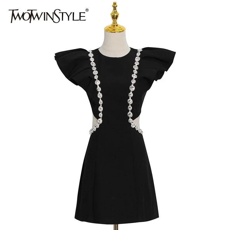 

Женское мини-платье TWOTWINSTYLE, черное платье с круглым вырезом, рукавами-крылышками и высокой талией, новинка 2021