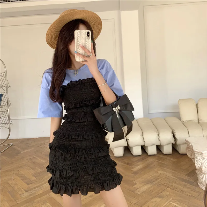 

COIGARSAM Ruffles Women dress Patchwork Pleated High Waist Dresses 5303