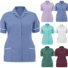 Женская униформа медсестры, топы с коротким рукавом и V-образным вырезом на пуговицах, летняя женская футболка, рабочая туника, одежда для клиники, новинка 2021