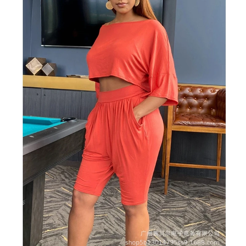 

Mandylandy Summer O-Neck Off Shoulder Three Quarter Sleeve T-shirt + High Waist Pocket Shorts Suit Women Solid Color Loose Suit