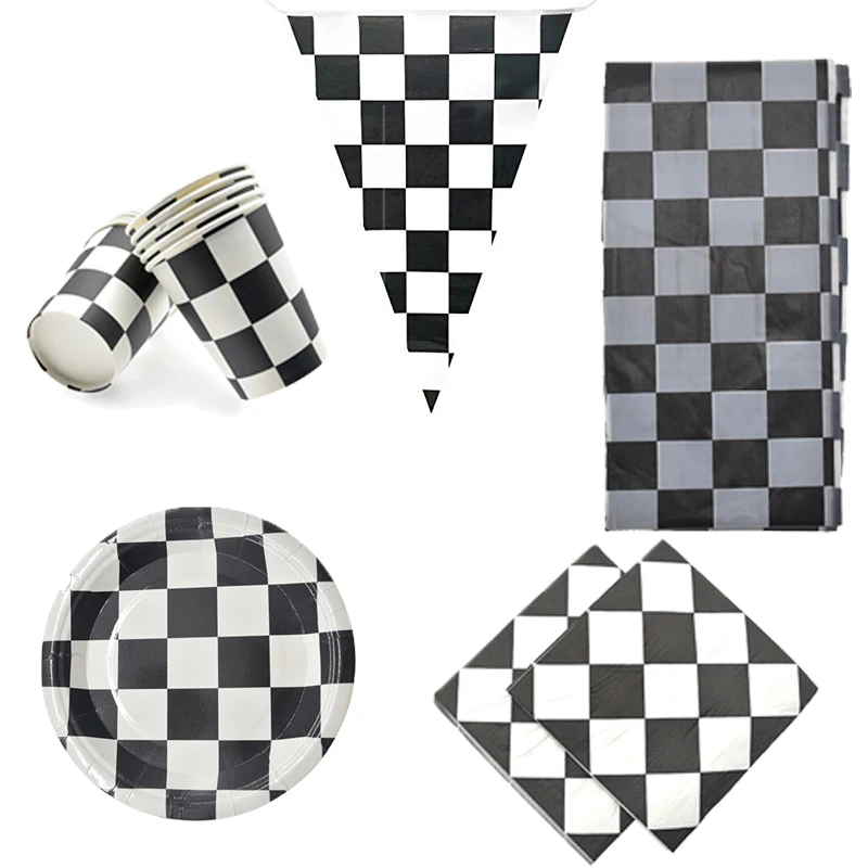 

Birthday Party Black White Grid Tableware Set Decorate Racing Car Tablecloth Plates Cups Baby Shower Napkins Flags 42pcs/lot