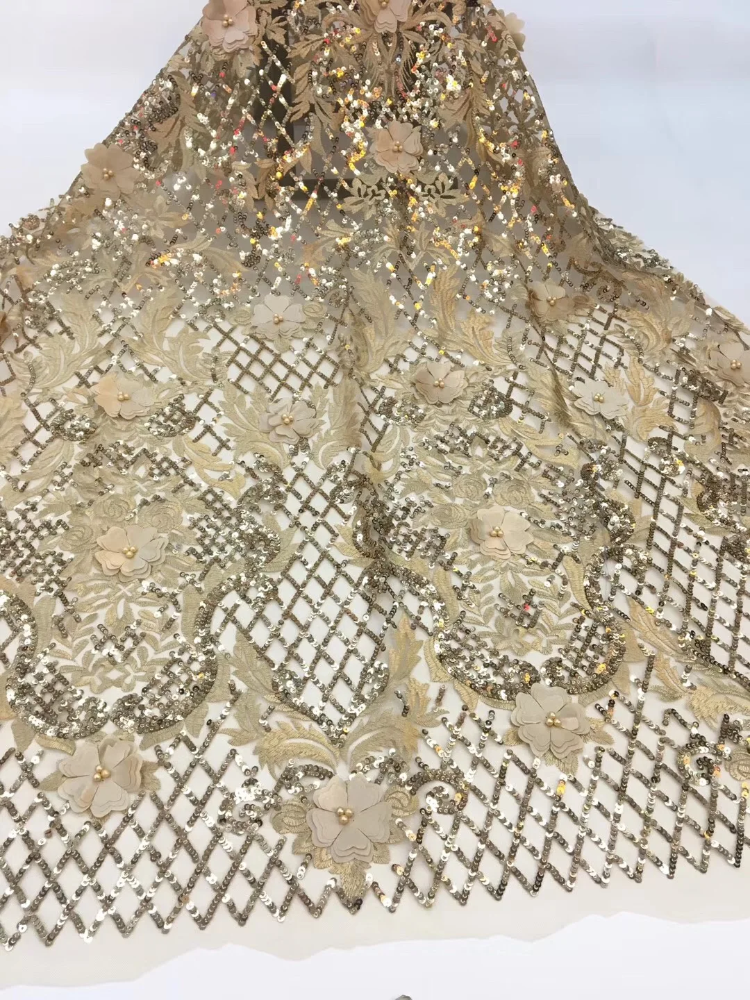 Beautiful Gold Wedding Lace Fabric 3D Flowers French African Fabrics For Dresses Beads Tulle Nigerian CRF29981 | Дом и сад