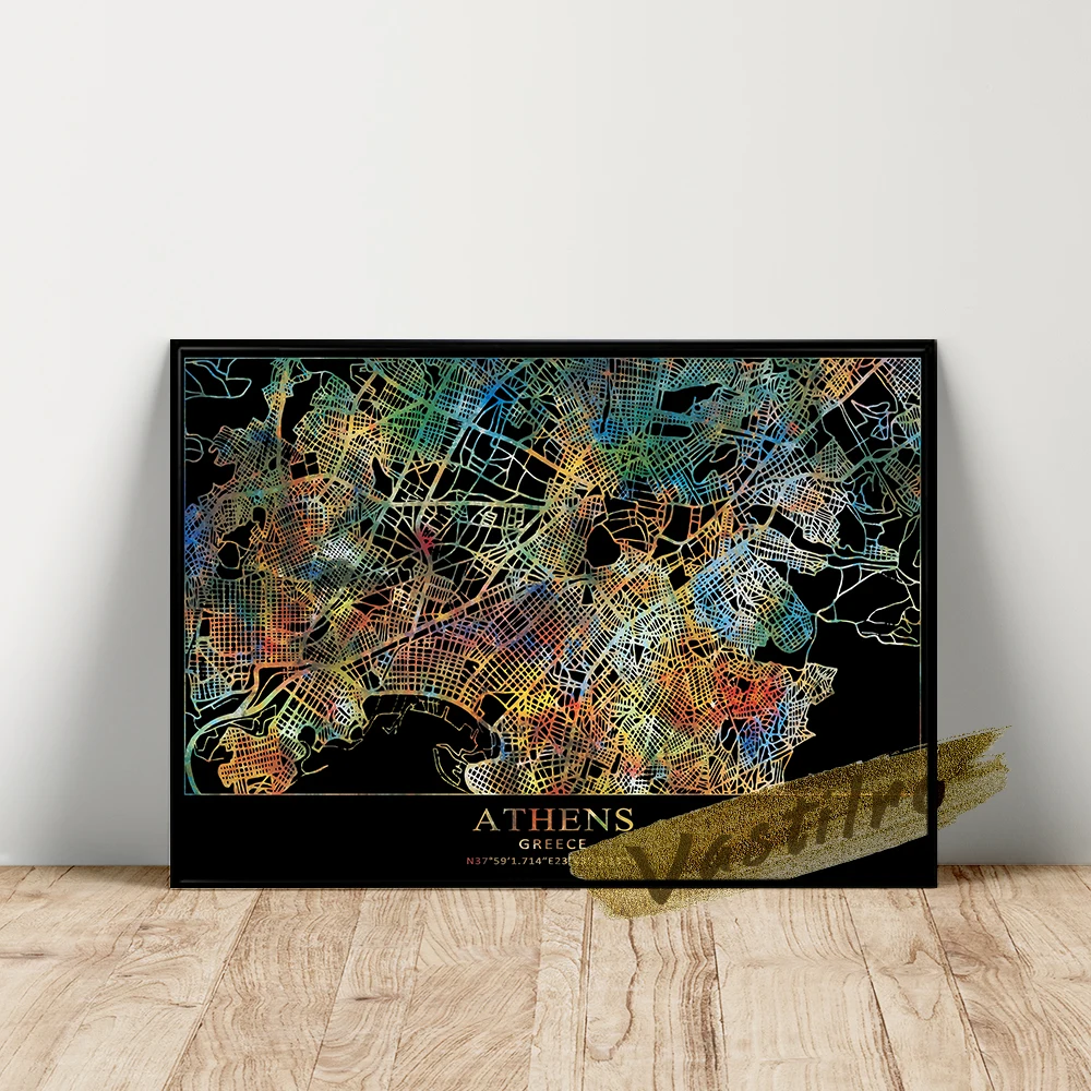 Плакат в виде карты Афин цветная карта на черном фоне Настенная картина принты