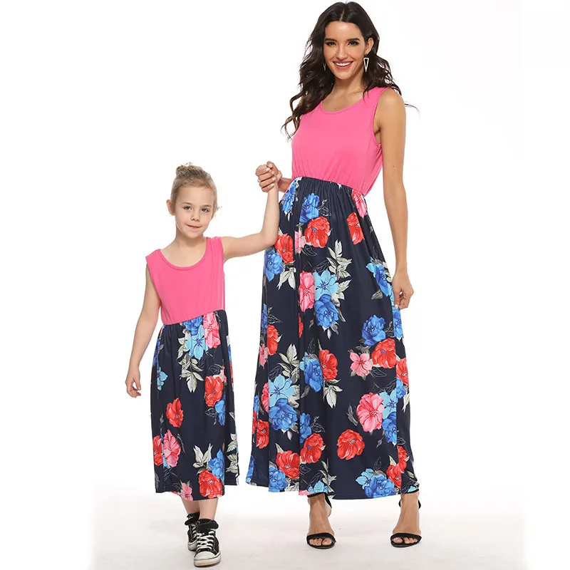 

Mommy and Me Clothes Beach Dress Sleeveless Patchwork Baby Dresses Girl Floral Print Mother Daughter Dresses Plus Size