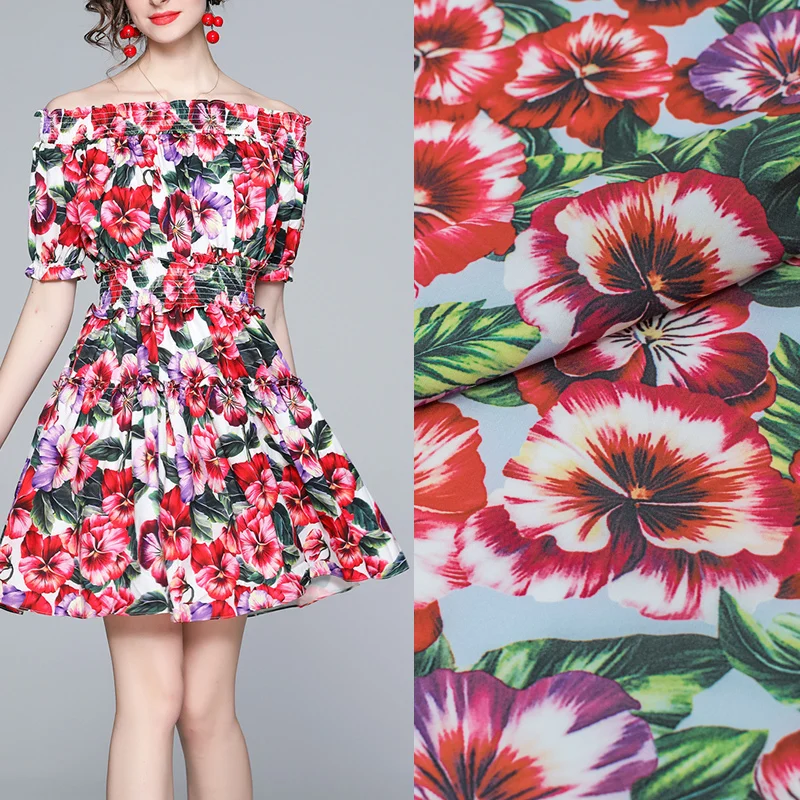 

Red Flowers Digital Printed Stretch Satin Fabric For Dress Платье Tissus Au MÈTre Telas Por Metro Sewing Ткань Для Шитья Vestido