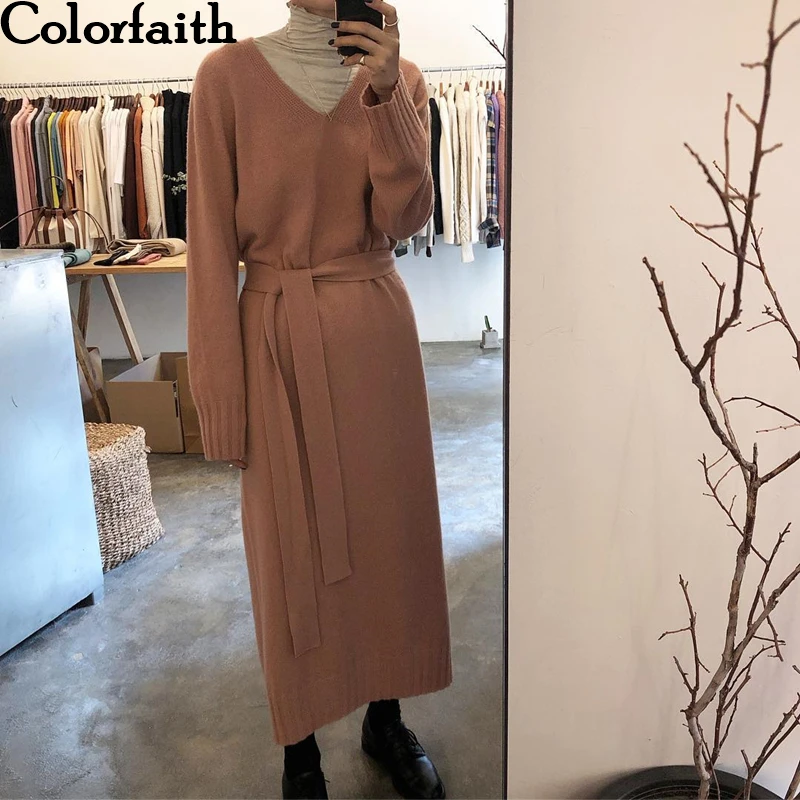 Colorfaith новинка 2019 Осень зима женские платья с поясом вязанные одноцветные прямые