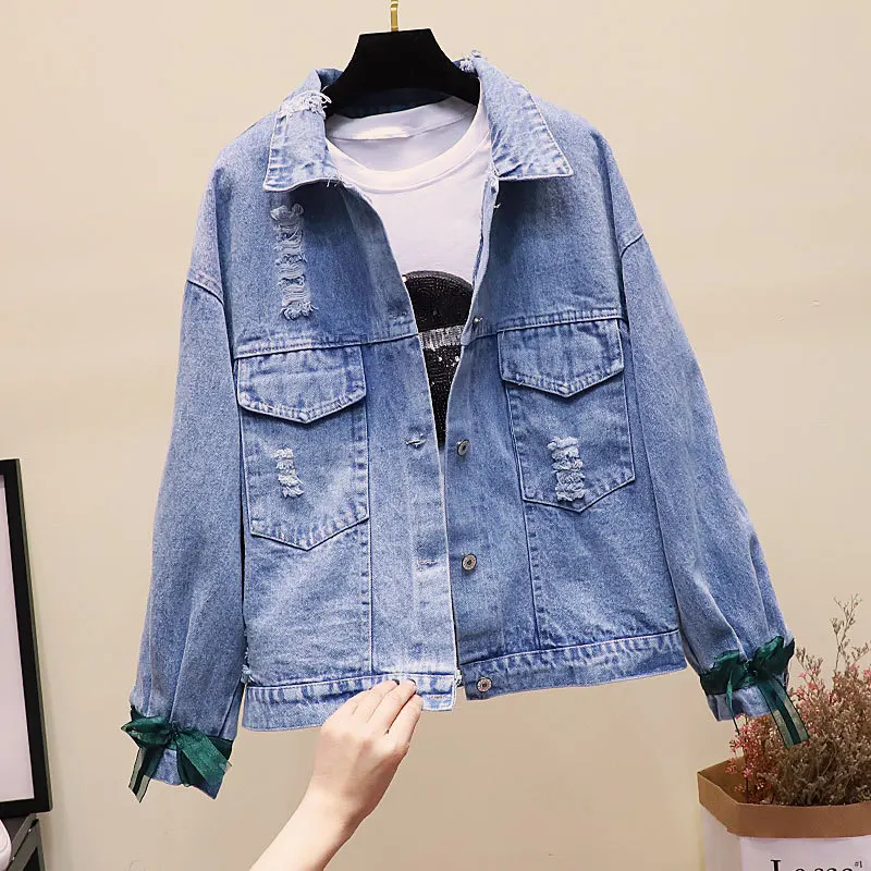 

Denim jacket spring and autumn women's new loose Korean fashion bf embroidery short student wild bat sleeve denim jacket tide