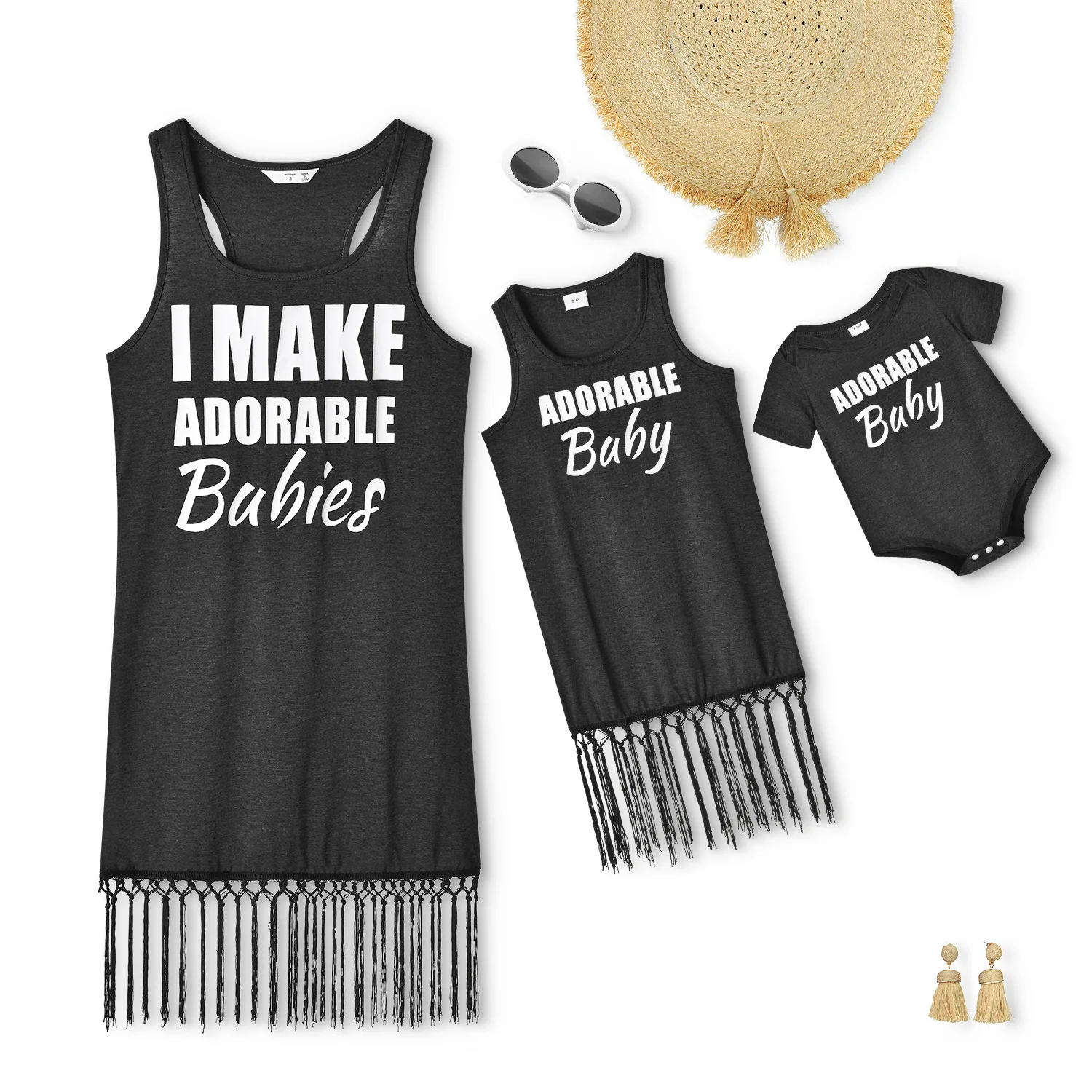 

Mommy and Me Summer Dress 2021 New Letter Print Black Dresses for Women Kids Baby Girl Tassel Cotton Family Matching Outfit