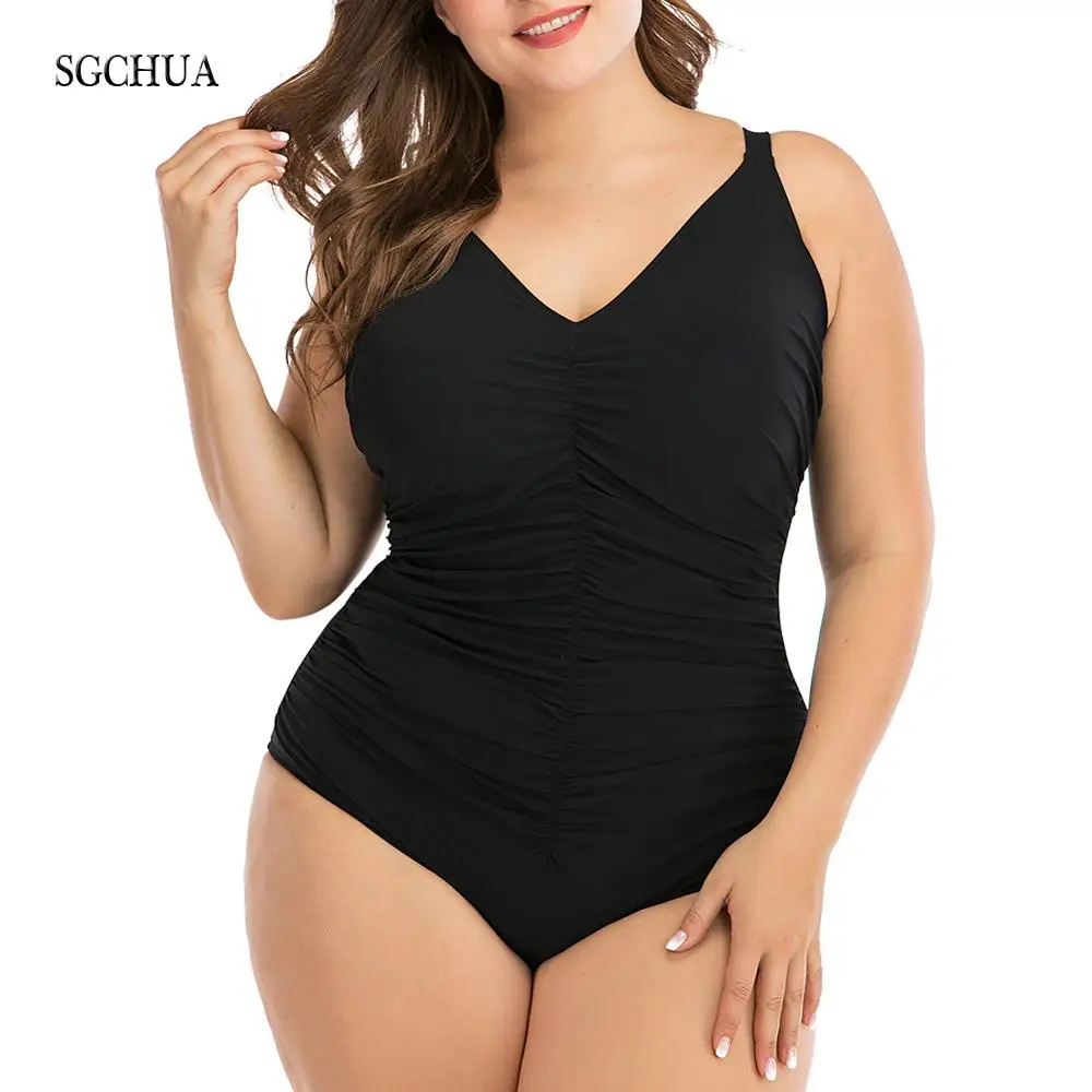 SGCHUA 2020 Новый однотонный черный плиссированный женский сплошной купальник