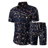 mens suits printing short sleeve shirt leisure fashion lapel tight fitting suit in the summer of 2021