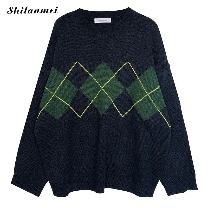 

Geometric Print College Knitting Sweater Casual Regular Loose Pullovers Women 2020 Female Long Sleeve Sweaters Harajuku Jumper