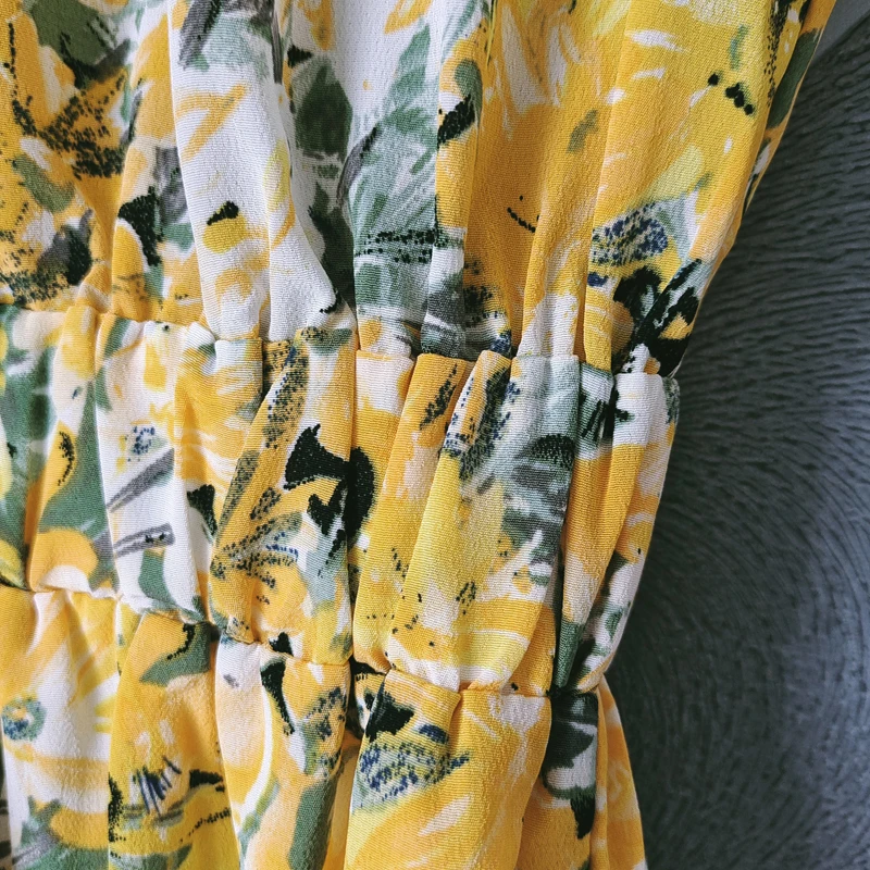 

SEQINYY Yellow Mini Dress Summer Spring New Fashion Design Women Runway High Quality Flowers Print Casual A-Line