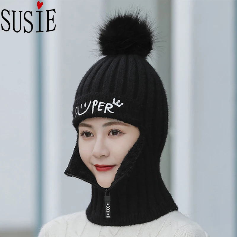 Women Knitted Cap Fleece Inside Windproof Zipper Mask Neck Strap Outdoor Sports Pom Hat Warm Thick Ski Riding Winter Caps | Аксессуары