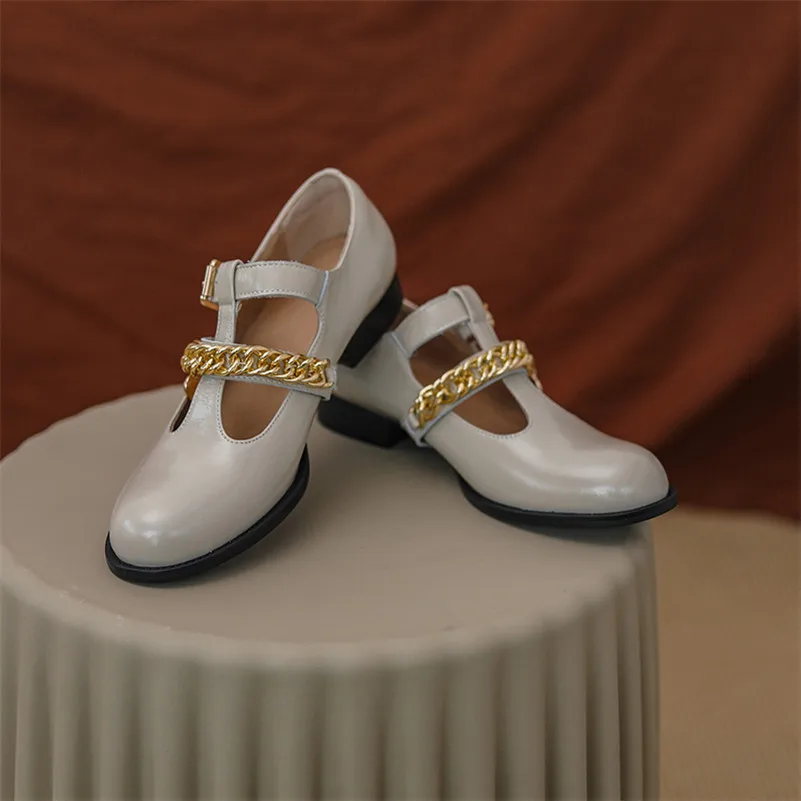 

Meotina Genuine Leather Low Heel Pumps Women Mary Janes Shoes Chain Buckle Strap Fashion Shoes Thick Heels Dress Footwear Beige