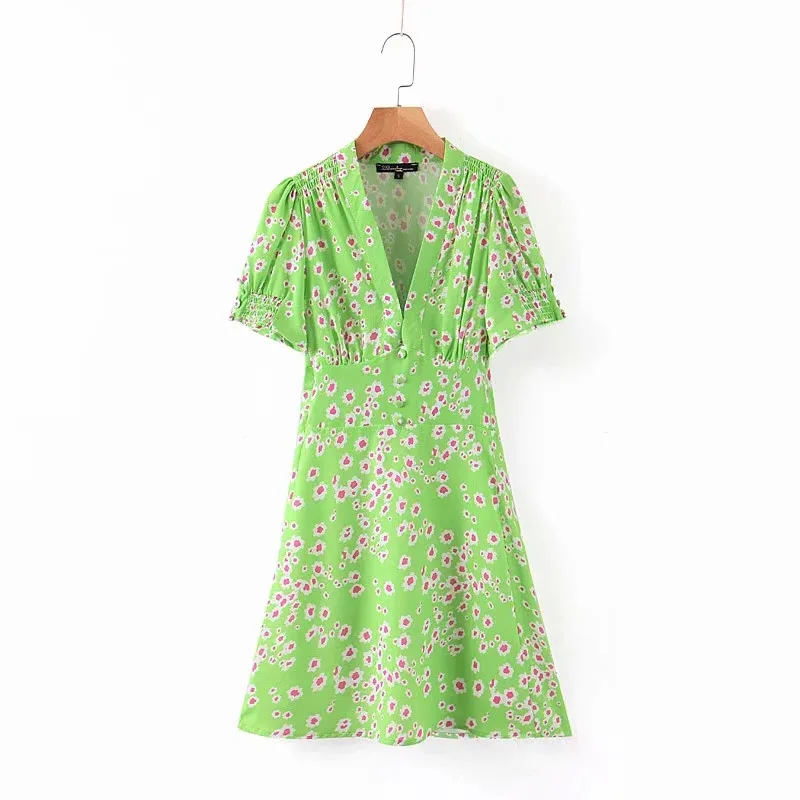 

summer beach style green slim women mini dresses 2020 chic lady short sleeve elastic high waist v-neck short dress femme