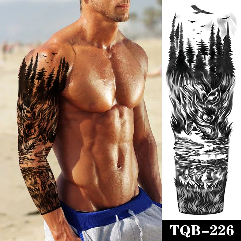 

Large Arm Sleeve Tattoo Forest Wolf Trees Waterproof Temporary Fake Tatoo Sticker Fangs River Eagle Men Women Full Totem Tatto