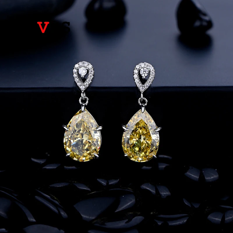

OEVAS 100% 925 Sterling Silver 9*13mm Yellow Pink High Carbon Diamond Drop Earrings For Women Sparkling Wedding Fine Jewelry