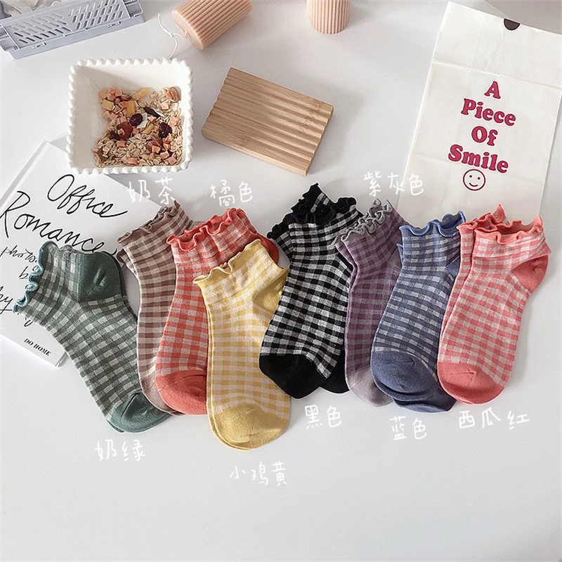 

10pairs/lot New Products In Spring Summer: Agaric Edge Check Sweet Boat College Wind Socks Cotton Socks & Hosiery Lattice Stripe
