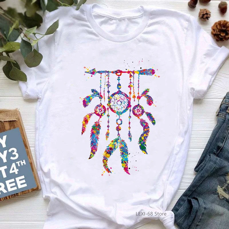 

Watercolor Wind Chime Feather Print Tshirt Women Scottish Thistle T Shirt Femme Summer Fashion Korean Style Clothes Tops