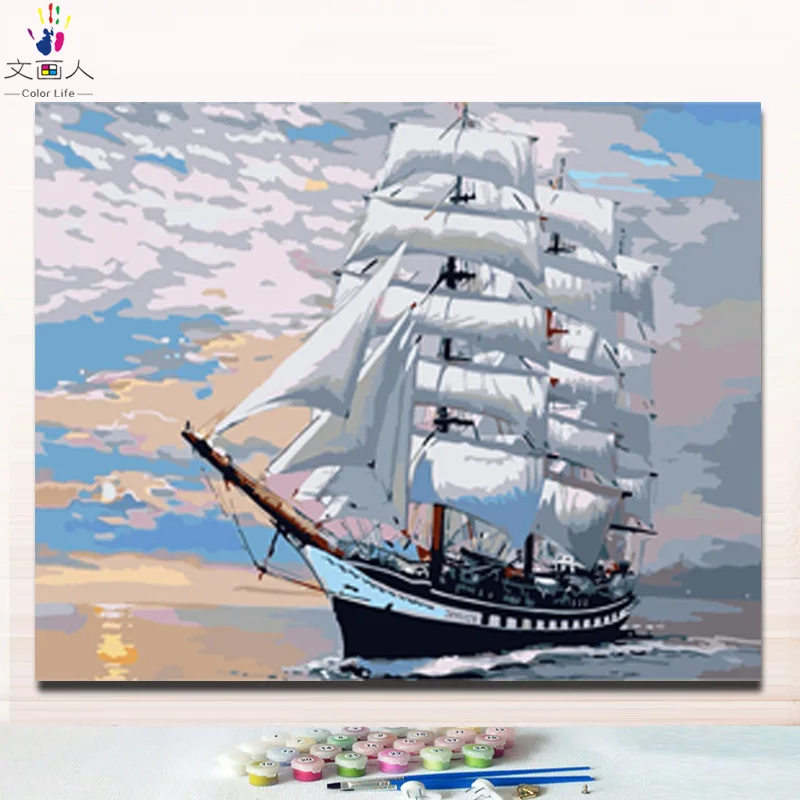 Раскрашивание по номерам сделай сам Морская Лодка на холсте картины ручной