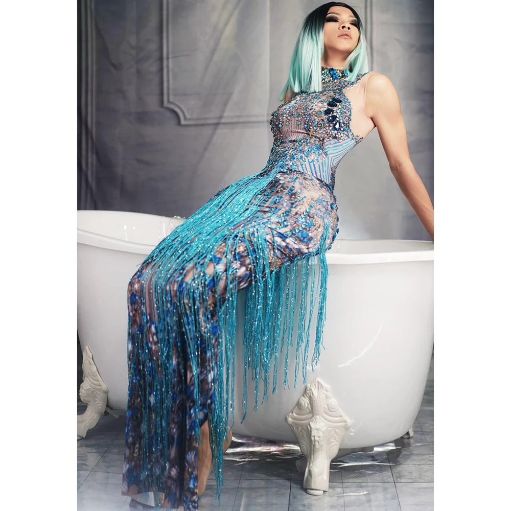 

Sparkly Fringes Dress Singer Performance Tassels Costume Prom Party Celebrity Birthday Glisten Rhinestones Sleeveless Long Dress