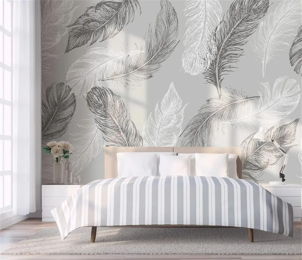 

Bacal custom 3D large wallpaper mural Nordic simple small fresh hand-painted feather modern bedroom background wall wallpaper