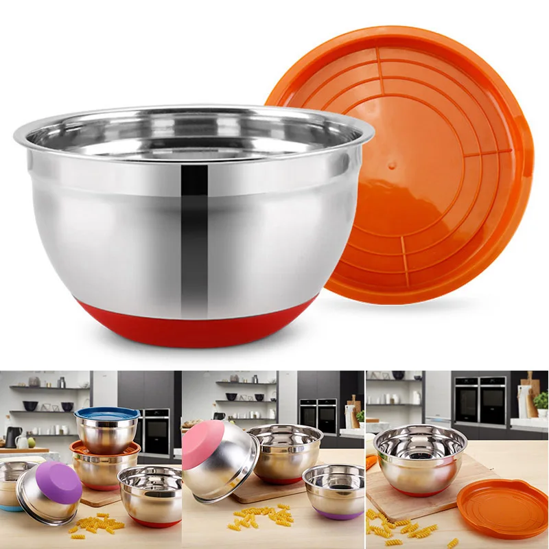 

Stainless Steel Bowl with Sealing Cover without Magnetic Thickening Silicone Bottom Salad Pot Baking Egg Kitchen Utensils F2