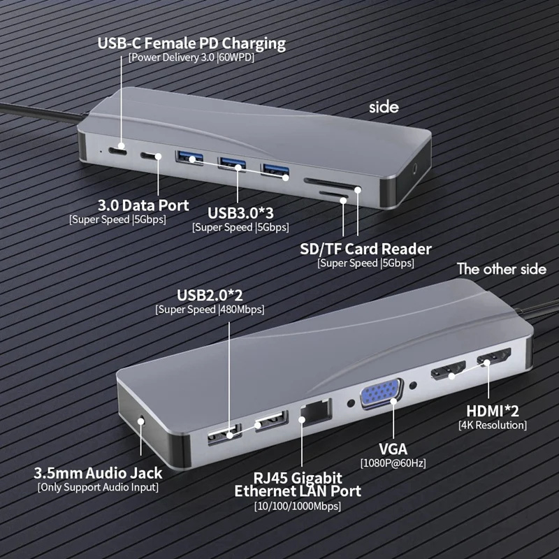 

HOT-USB Type C 14 in 1 Dock Station USB C Aluminum with Gigabit Ethernet HDMI VGA o Mic Port SD/TF Card Reader