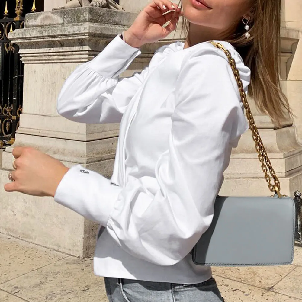 Блузка женская однотонная с V-образным вырезом и длинным рукавом | Женская одежда