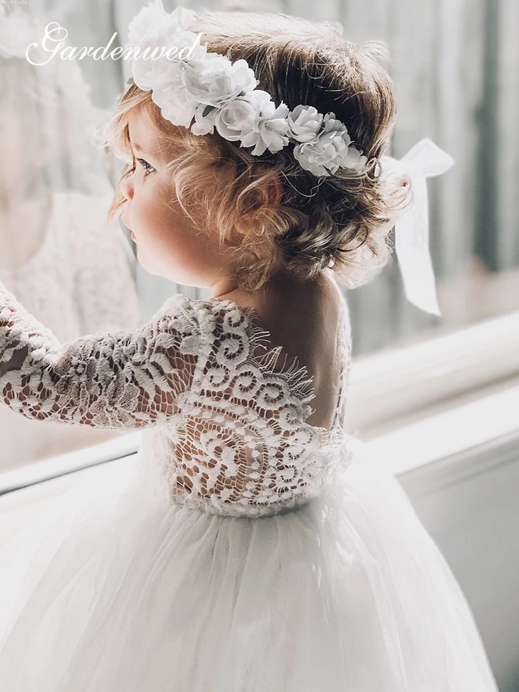 Cute Ivory Lace Flower Girl Dresses O-Neck Long Sleeves First Communion Illusion Back Short Tulle Baby Party Dress | Свадьбы и