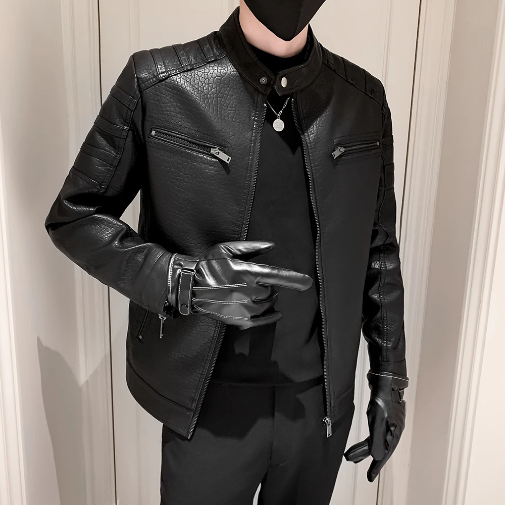 

Retro Button Stand Collar Design Leather Jackets For Men Plus Size 4XL Motorcycle PU Leather Jacket Man Brand Casual Bomber Coat