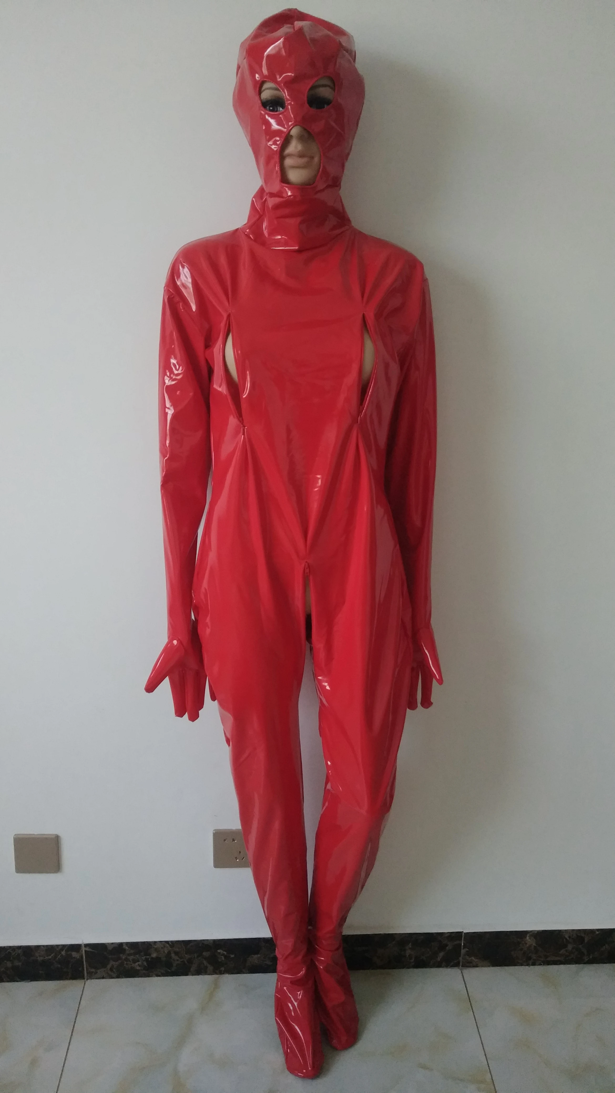 Женский костюм Зентаи красный блестящий из ПВХ с молнией на груди для взрослых| |