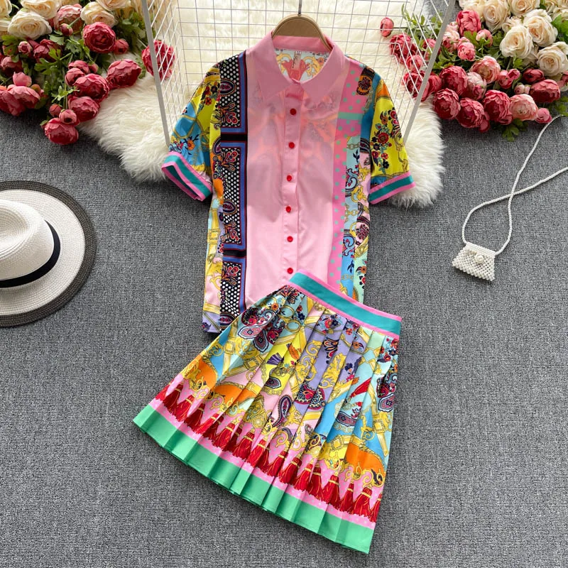 

New Summer Hit Color Print Office Work Ladies Set Women Single Breasted Shirt Playful Youth Pleated Skirt Two Piece Suit