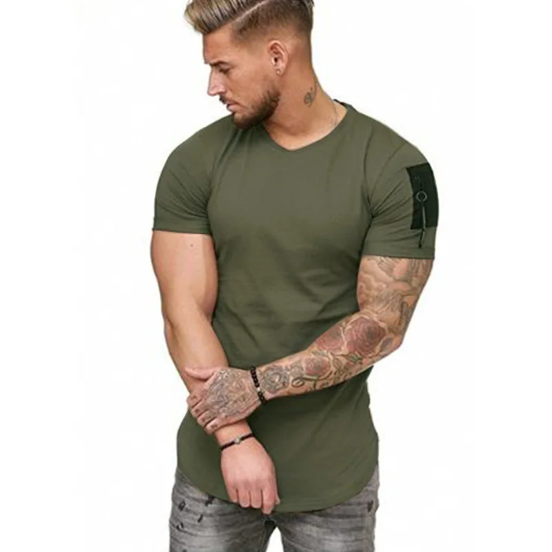 

Short Sleeve Zipper Shoulder Streetwear Hip Hop Summer T Shirt Men Longline Curved Hem Tshirt Slim Funny T-Shirt Plus Size M-3XL