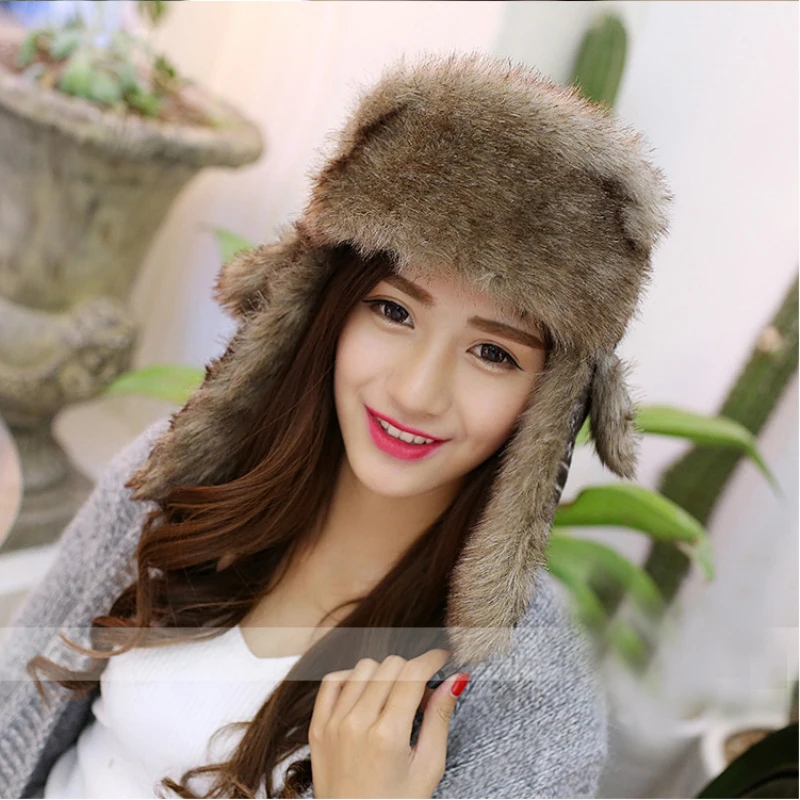 Русская меховая шапка ушанка черный белый цвет бомбер Шапки женский ушами Зимние