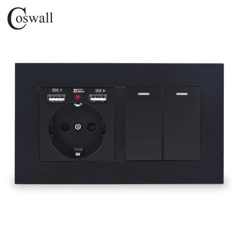 Настенная розетка стандарта ЕС COSWALL с заземлением и 2 USB-портами для зарядки