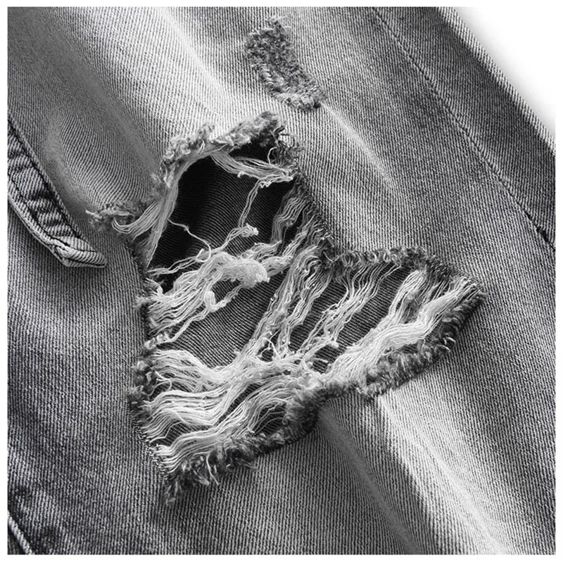 Spring Summer Men Thin Knee Length Jeans Fashion Street Ripped Hole Denim Pants Europe Vintage Grey Trousers With Waistband