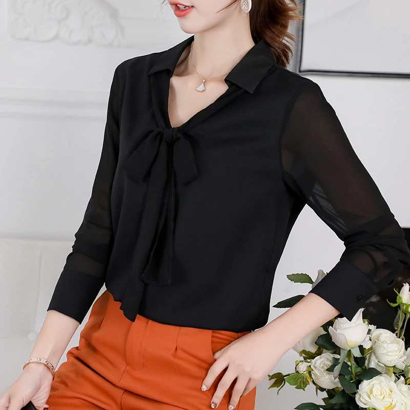 

Shirts Women Full Sleeves Elegant Korean Style Simple Solid Summer Womens Clothing High Quality All-match Chiffon Daily Fashion