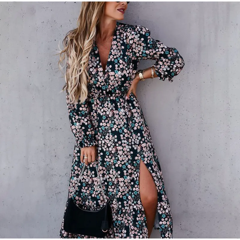 Платье-рубашка женское с V-образным вырезом и цветочным принтом пикантный