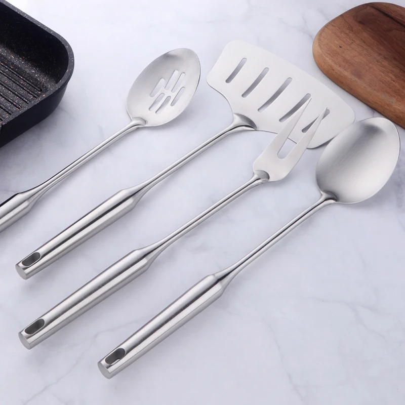 Silver 4 pcs 4/7 шт набор кухонных принадлежностей из нержавеющей стали, кухонные инструменты с длинной ручкой, матовые полировальные шлицевые Тернер, золотые кухонные аксессуары, посуда - Цвет: Silver 4 pcs