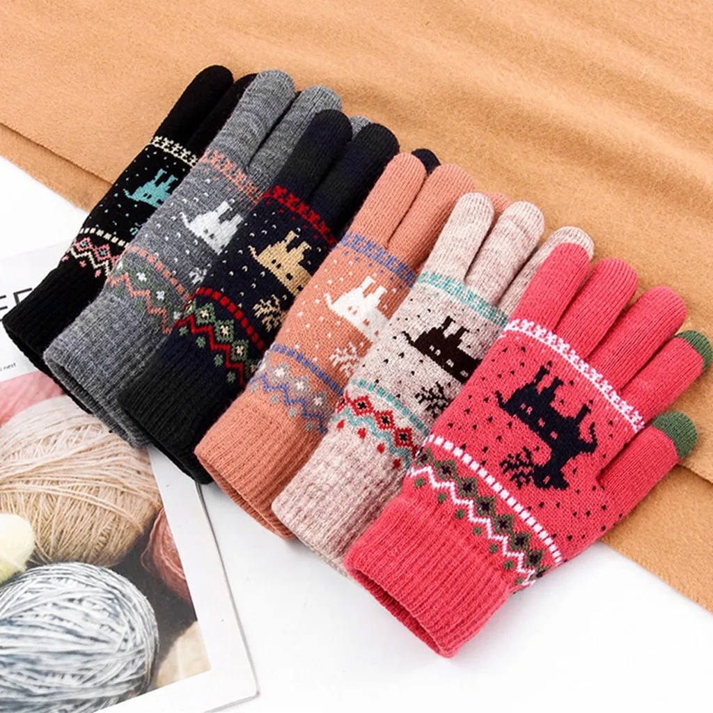 

2020 Women Girls Moose Pattern Thickened Fleece Warm Wrist Gloves Phone Play Function Boho Style Mittens Cheap