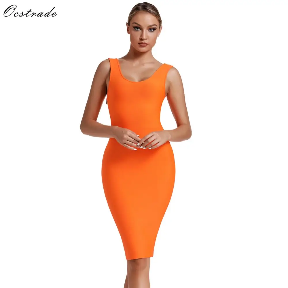 

Ocstrade 2019 New Arrival Orange Bandage Dress Bodycon Spaghetti Strap Women Dress Bandage Midi Sexy Night Club Party Dress