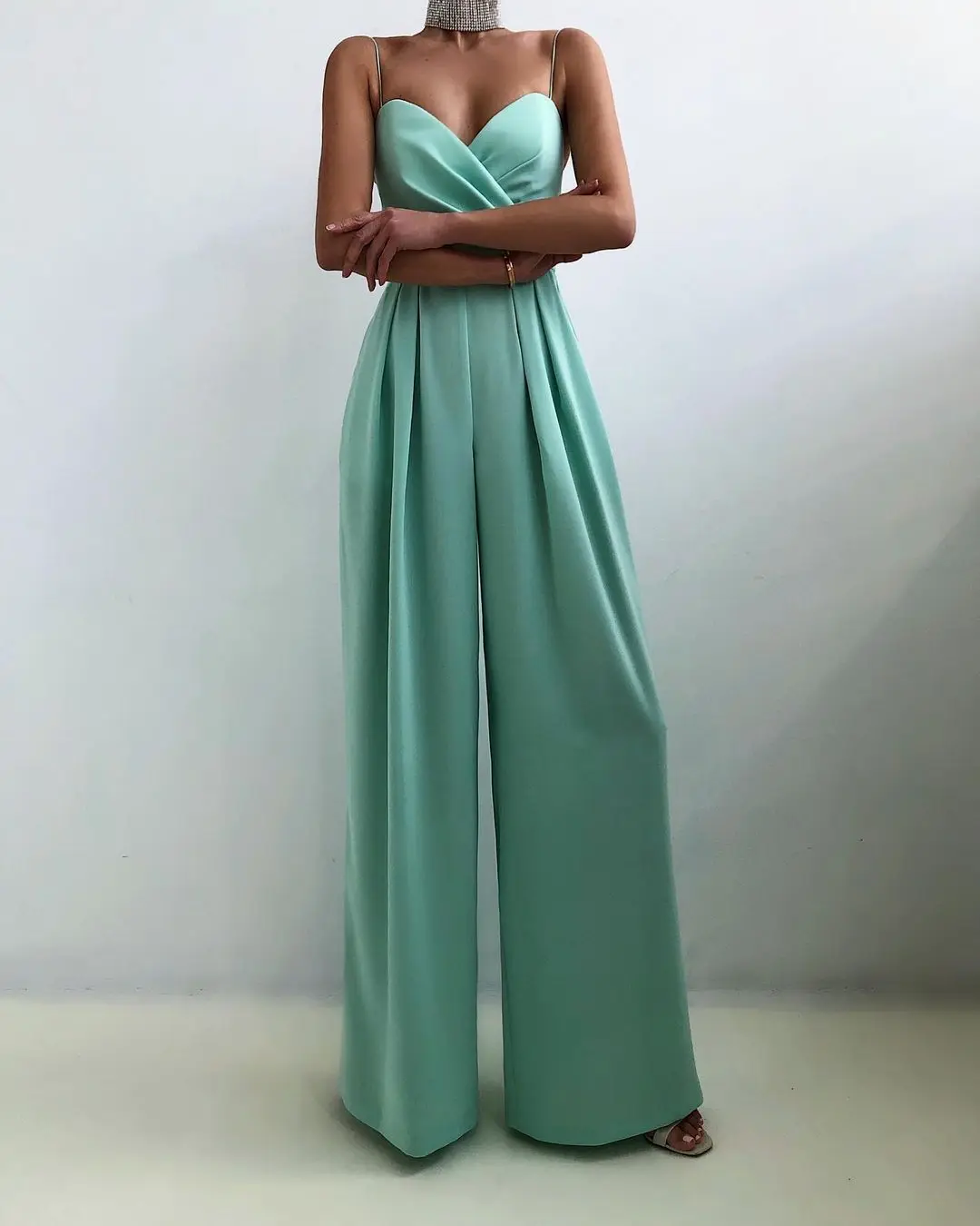 

2021 Spring Chiffon Sexy Joker Solid Elegant Spaghetti Strap European and American Women's High Waist Wide Leg Jumpsuits