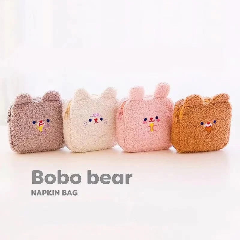 

Cartoon Tampon Sanitary Pads Organizer Bag Embroidery Fur Napkin Pouch Cosmetic Brush Storage Bag Money Purse Women Clutch Bags