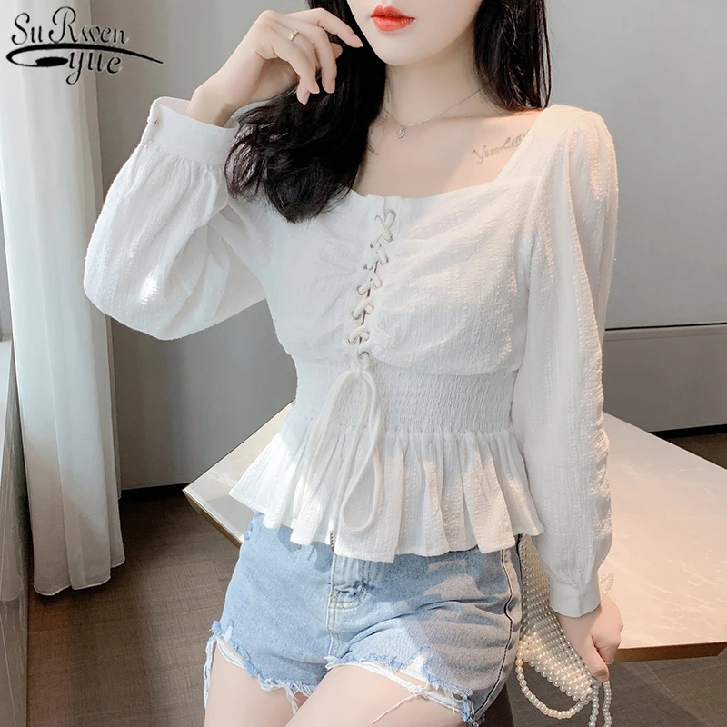 

2021 Autumn New Korean Style Chiffon Blouse All-match Square Collar Slim Short-Height Short Sleeve Bubble Women's Shirts 10584
