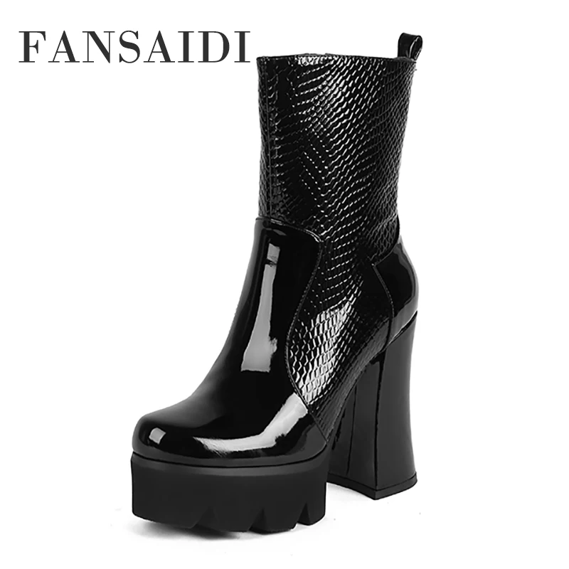 

FANSAIDI Winter Platform Zipper High HeelsBurgundy Square Toe Chunky Heels Clear Heels Ankle Boots Waterproof Ladies Boots 33 40